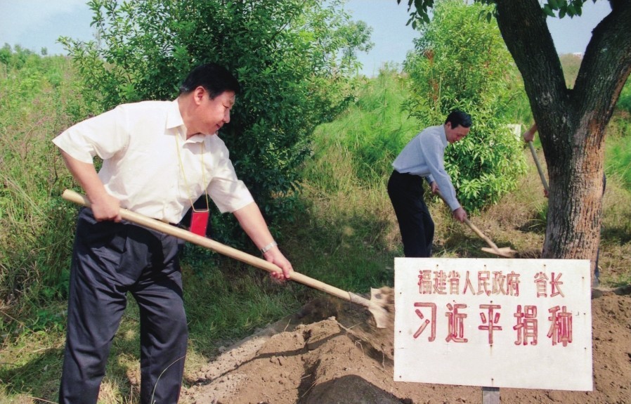 2001年10月，習(xí)近平在龍巖市長汀縣調(diào)研水土流失治理工作，在河田世紀(jì)生態(tài)園為樹培土。圖源：《習(xí)近平在福建（下）》