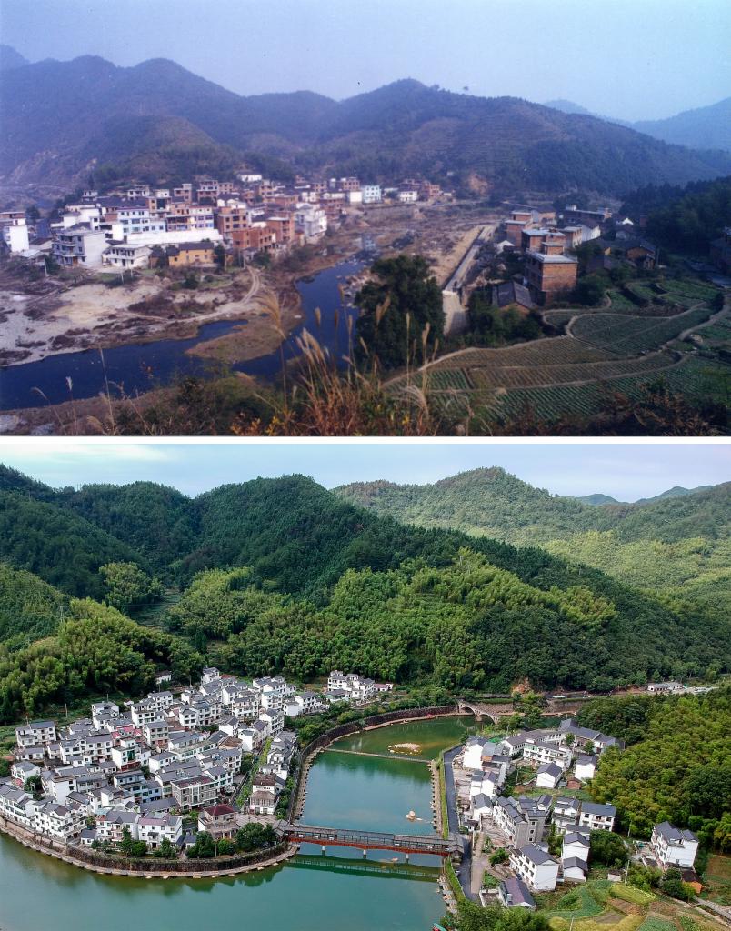 圖為浙江省杭州市淳安縣楓樹嶺鎮(zhèn)下姜村拼版圖，其中上圖為資料照片、下圖由新華社記者張鋮攝。